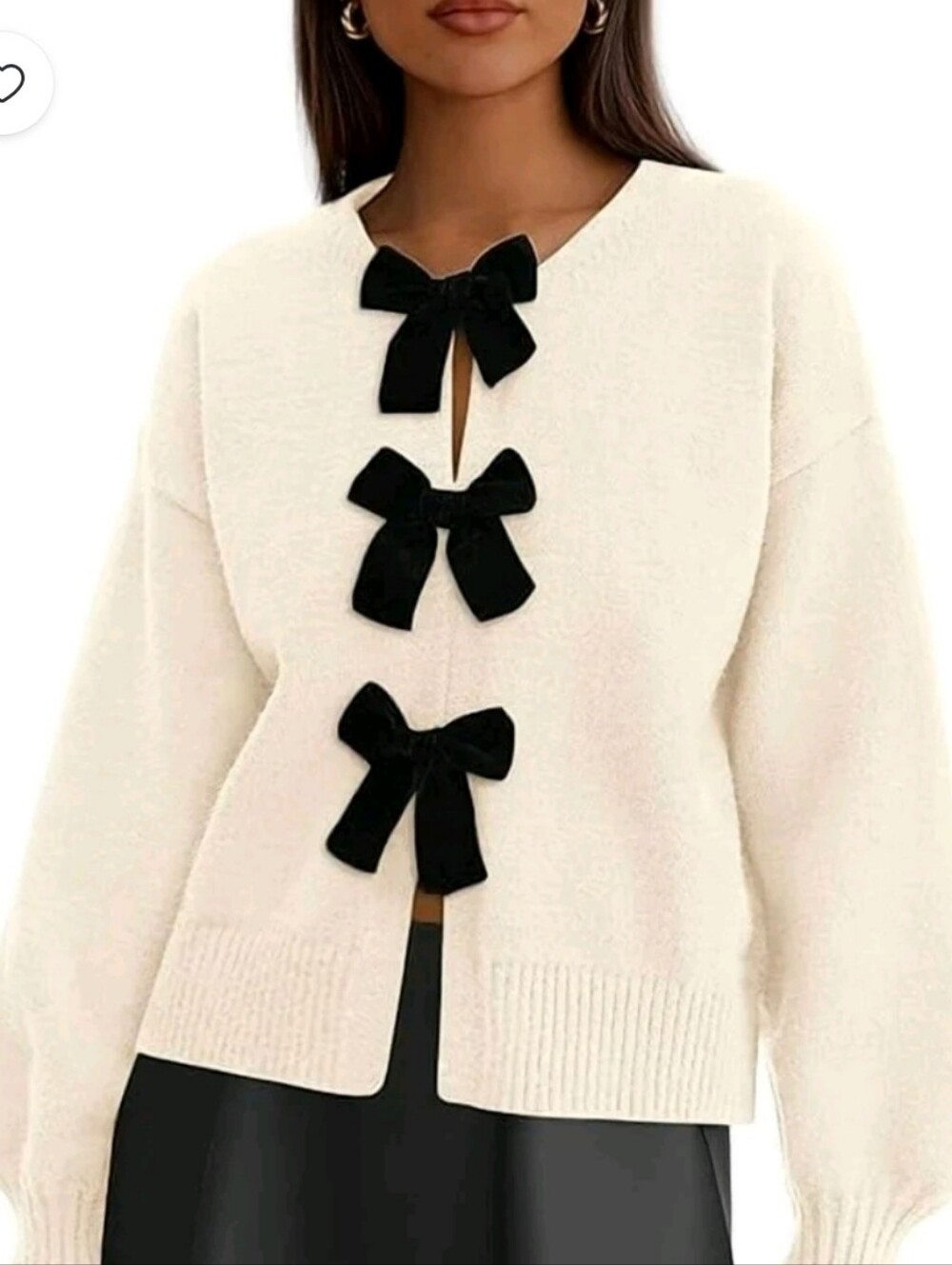 Women's Round Neck Bow Cream Knit Sweater Cardigan